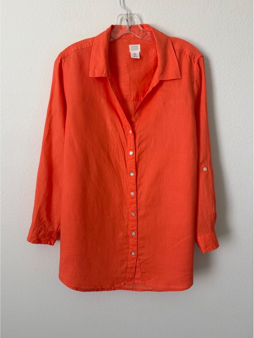 Sigrid Olsen 100% Linen Long Sleeve Button Front Collared V-Neck Shirt Size 1X